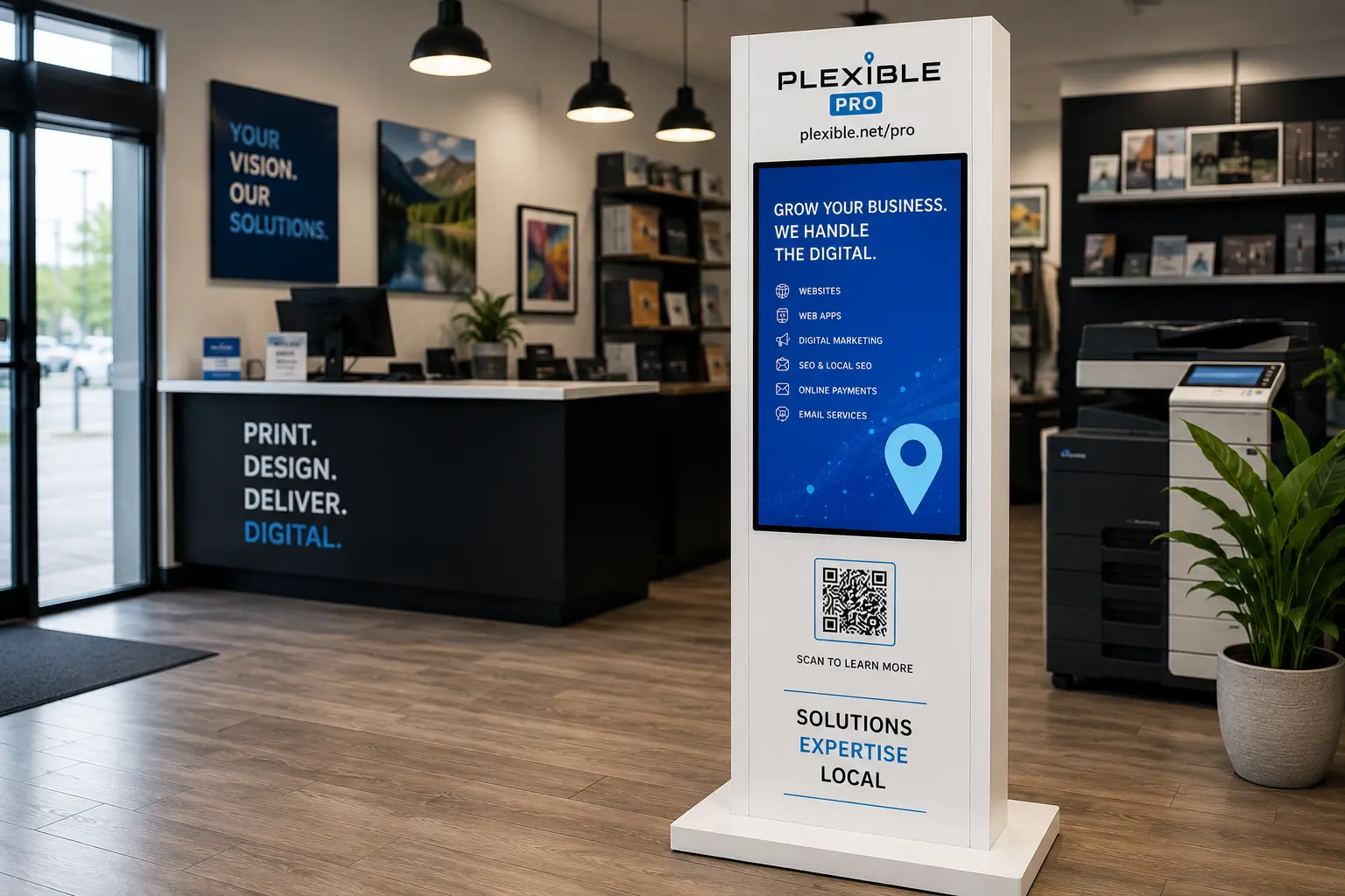Un kiosque Plexible Pro installé au comptoir d’une imprimerie.